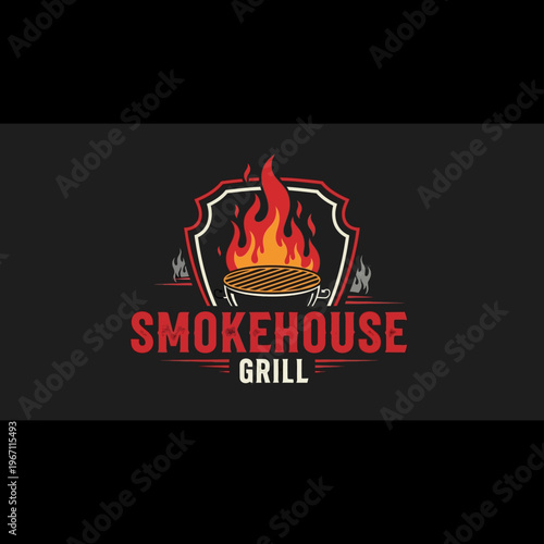 Smokehouse Grill Logo with Fiery Barbecue and Shield Design.