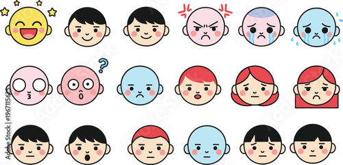 Vector illustration of colorful cartoon faces showing diverse emotions and expressions