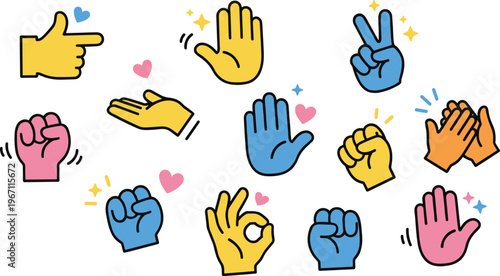 Vector illustration of colorful cartoon hands showing gestures including peace sign, fist, OK and clapping