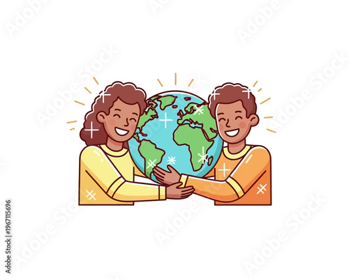 Two happy people, a man and a woman, holding the Earth globe together with sparkling light rays around them, symbolizing global unity and environmental care.