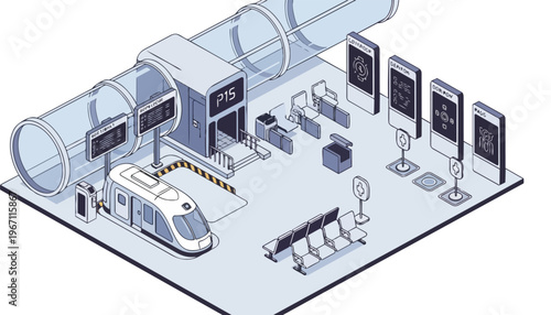 Futuristic Isometric Hyperloop Train Station Illustration with High-Speed Pod and Vacuum Tube Technology