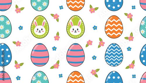 Vector illustration of colorful Easter eggs with bunny faces, flowers and springtime decorative patterns