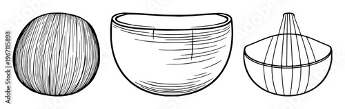 Lute bowl set with black line art on white background featuring musical instrument, lute, bowl with line art and illustration