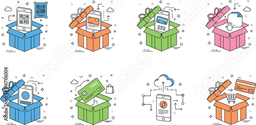 Vector illustration of colorful gift boxes with digital technology icons for online services