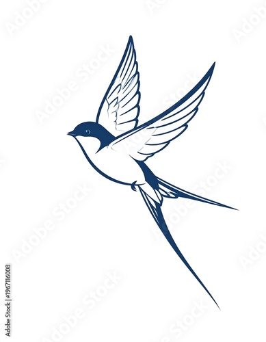 A graceful swallow, rendered in shades of blue and white, depicted mid-flight with outstretched wings and flowing tail feathers