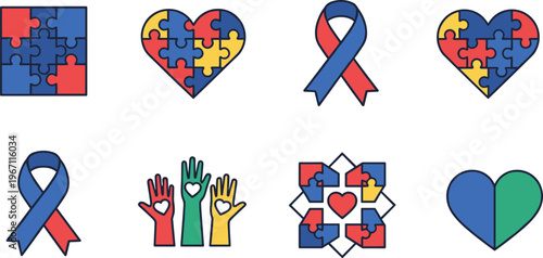 Vector illustration of colorful puzzle hearts, ribbons and hands symbolizing inclusion, unity and support