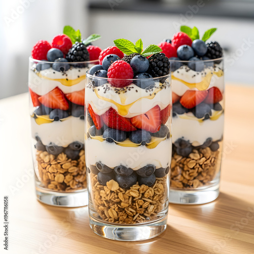 Layered yogurt parfait dessert for healthy breakfast branding with granola berries and creamy texture aesthetic presentation