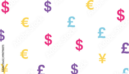 Vector illustration of colorful currency symbols including dollar, euro, pound, and yen scattered in decorative pattern