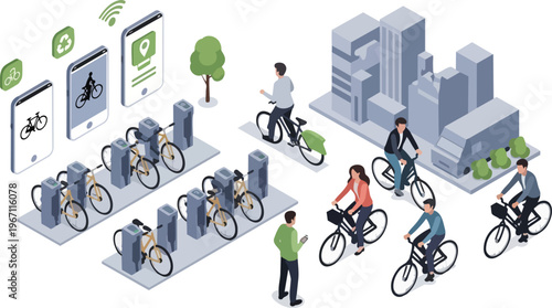 Isometric Smart Bike Sharing System Illustration with People Commuting and Mobile App Interface for Sustainable Urban Transport