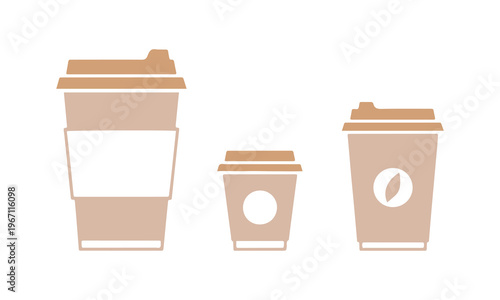 A selection of single-use coffee cups. Various kinds of paper cup designs. Straightforward vector flat icon