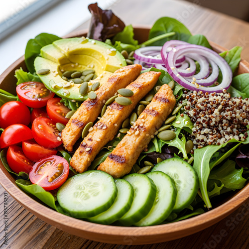 High protein healthy salad bowl for fitness diet plan with grilled vegetables avocado and seeds macro balanced meal