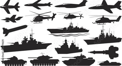 Military vehicles silhouette set vector illustration army aircraft helicopter warship tank defense equipment collection isolated black combat transport design