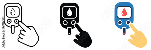 Blood sugar test icon set, diabetic patient sugar level testing symbol, high or low blood sugar test device vector sign, clean and modern illustrations for medical apps, healthcare dashboards, and pat
