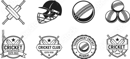 Vector illustration of cricket icons and badge designs with bats, balls, helmets and club emblems