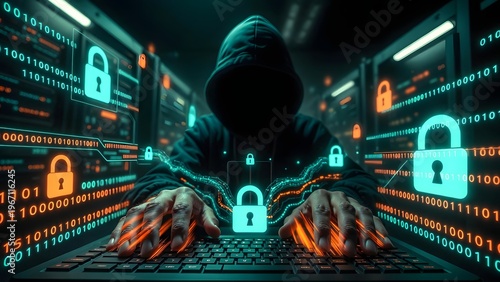 Anonymous hacker in a hoodie typing in a server room. Cybercrime and network security breach. Man using a keyboard surrounded by glowing digital padlocks and data streams
