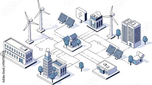 Isometric Smart Grid Concept with Renewable Energy Sources, Wind Turbines, and Solar Panels for Sustainable Green City Infrastructure
