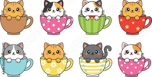 Vector illustration of cute cartoon cats sitting inside colorful patterned teacups