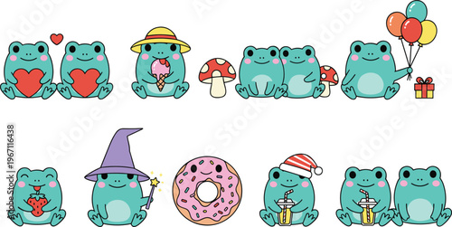 Vector illustration of cute cartoon frogs with hearts, balloons, food and magical accessories