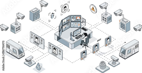 Isometric Security Surveillance Center with Facial Recognition and CCTV Monitoring System Illustration