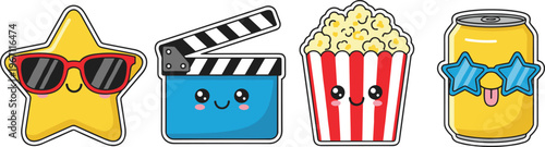 Vector illustration of cute cartoon movie objects including star, clapperboard, popcorn, and soda with expressive faces
