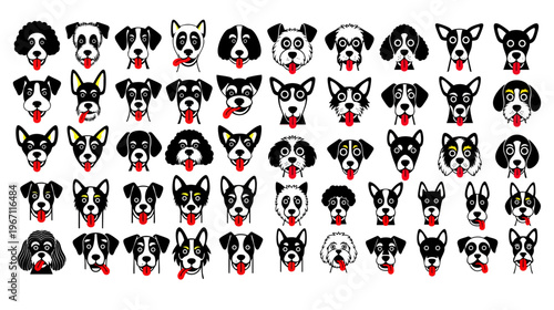 Minimalist dog breed icons set, 50 flat vector canine head illustrations, black and white puppy faces with red tongues for pet shop branding