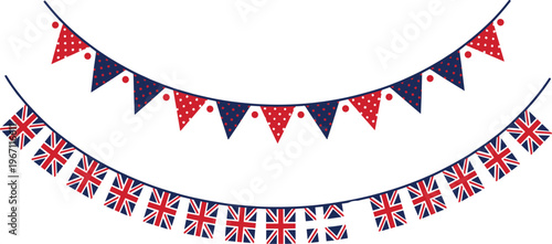 Vector illustration of decorative bunting with polka dot triangular flags and Union Jack patriotic design