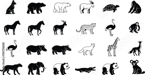 Vector illustration of diverse animal silhouettes in black and white graphic style