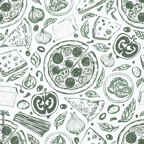 Green food pattern featuring pizza ingredients and culinary elements