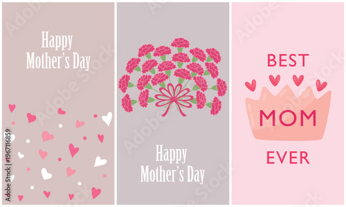 Happy Mother's Day floral greeting card with hearts and best mom ever message in pastel pink and white design