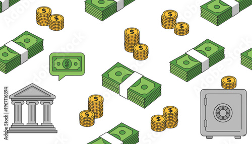 Vector illustration of financial pattern with money stacks, coins, bank building, safe, and dollar speech bubble