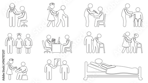 Health and medical service icon set featuring doctor examination, nurse assisting elderly patient, blood pressure check, vaccination, and radiology x-ray consultation in outline stroke style