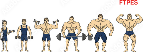 Vector illustration of male fitness transformation stages with progressive muscle growth and weightlifting