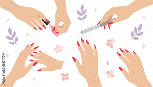 Vector illustration of manicure process with nail polish, filing and self‑care beauty routine