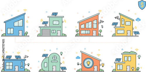 Vector illustration of modern smart houses with solar panels, eco‑friendly design and smart technology