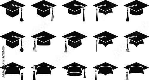 graduation, cap, caps, academic, education, school, university, college, mortarboard, tassel, icon, icons, set, vector, illustration, black, white, silhouette, outline, minimal, minimalist, clean, sim