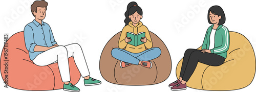 Vector illustration of people relaxing on bean bags reading and sitting in casual lifestyle scene