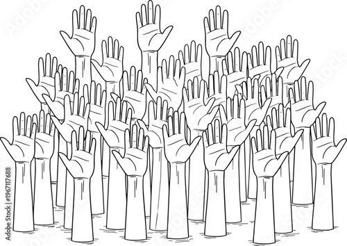 Vector illustration of raised hands symbolizing unity, participation, activism and collective support