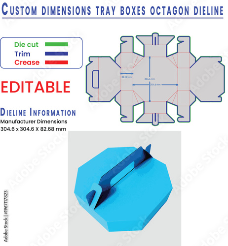 Octagon Tray Box Dieline Template With Dimensions And 3D Model vector illustration