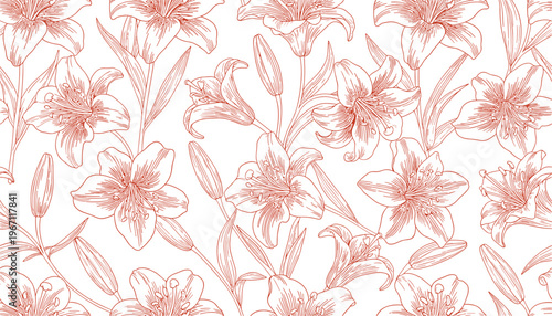 Vector illustration of repeating lily floral pattern in fine line‑art style with monochrome design