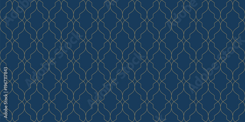 Vector abstract geometric seamless pattern in oriental arabesque style. Elegant dark blue background with gold curved lines, lattice, grid. Luxury ornament texture. Repeat design for decor, wallpaper