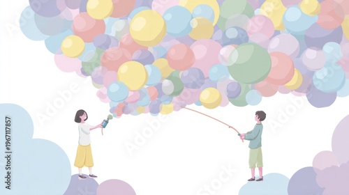 Wallpaper Mural Illustration of two people launching a cloud of pastel colored spheres into the air Torontodigital.ca