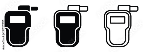 Breathalyzer or alcohol tester device icon set, scalable vector illustrations of alcohol detection devices, including digital meters and testing symbols, ideal for law enforcement dashboards, safety 