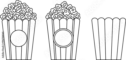Vector illustration of striped popcorn containers full and empty in cartoon outline style