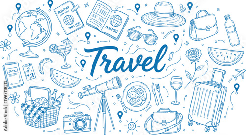Vector illustration of travel theme with globe, suitcase, passport, camera, food, and leisure icons in line art style
