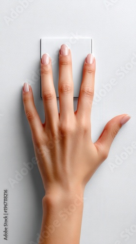 Female hand resting on square switch on white wall