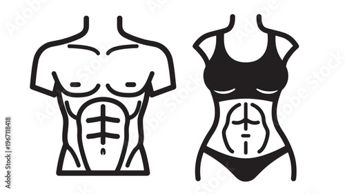 Torso icons depicting a muscular male and female abdomen with defined abs, representing fitness and health.