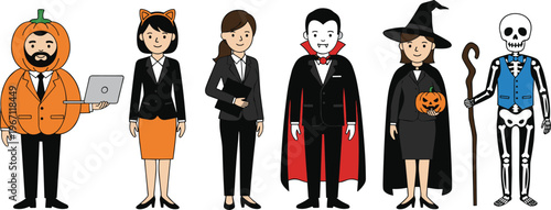 Vector illustration of business people in Halloween costumes combining office attire and festive outfits
