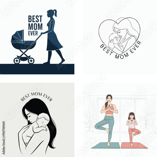 Mother and child illustrations for Mothers Day or parenting concepts