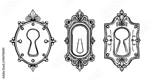Keyhole cover set with black line art ornate brass surface on white background featuring keyhole, brass, line art with ornate and decorative