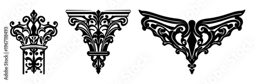 Corbel set with ornate black line art silhouette against white background featuring ornamental stonework, architectural detail, Gothic motif with silhouette and architectural element.